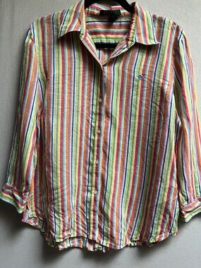 Lauren Ralph Lauren 100% Linen Multicolor Striped Button-Down Shirt Sz L